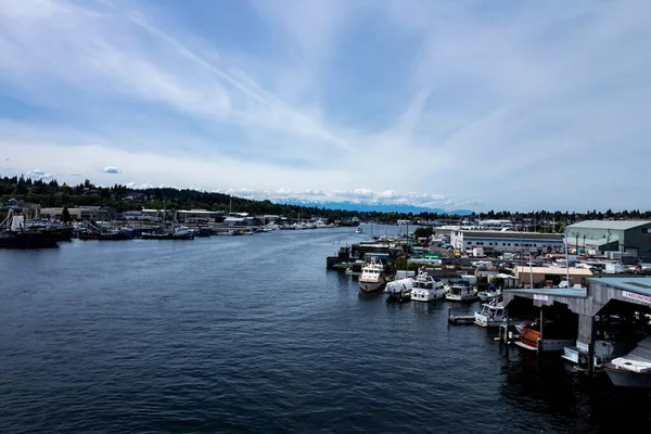Uma Vista Panorâmica Dos Barcos Atracados Nas Docas Ballard Seattle — Fotografia de Stock
