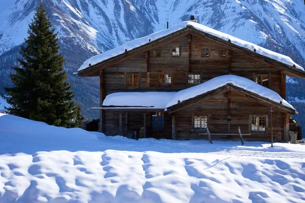 Kleine Holzhäuser Auf Einem Schneebedeckten Hügel Die Von Tannen Umgeben — Stockfoto