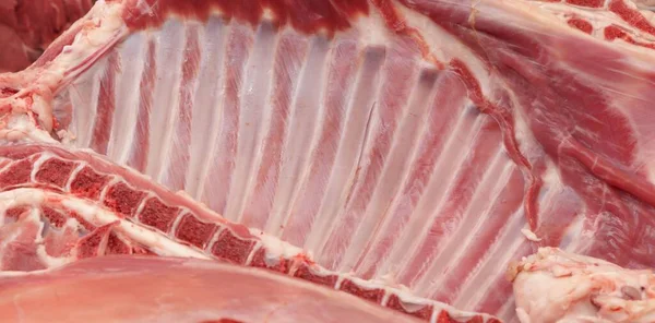 Carne Ovino Exposta Venda Talho — Fotografia de Stock