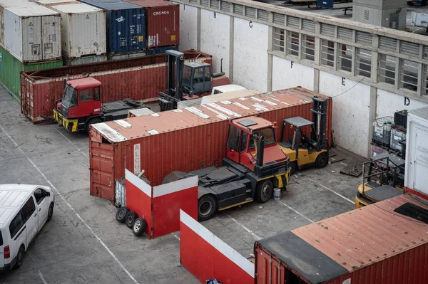 Port Barcelona Loading Unloading Dock Container Trucks Trailers — Stock Photo, Image