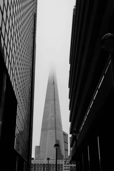 Graustufenaufnahme Hoher Wolkenkratzer Nebel — Stockfoto