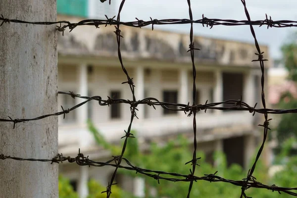 Barbed Wire Covering Window Prison Building Background Cambodia — Stock Photo, Image