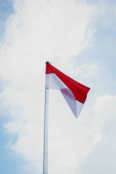 波兰国旗在杆子上的一个垂直的低角度的射击 — 图库照片