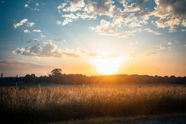 Bela Paisagem Rural Com Pôr Sol Brilhante Sobre Campo — Fotografia de Stock