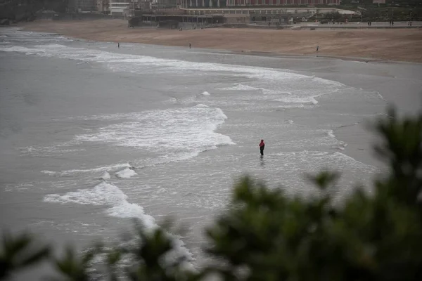 High Angle Shot Person Walking Sandy Beach Sea Waves Biarritz — Stock Photo, Image