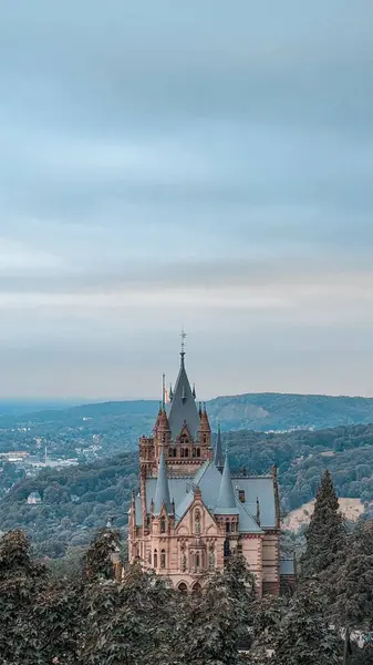 Plan Vertical Schloss Drachenburg Milieu Des Bois Avec Beau Ciel — Photo