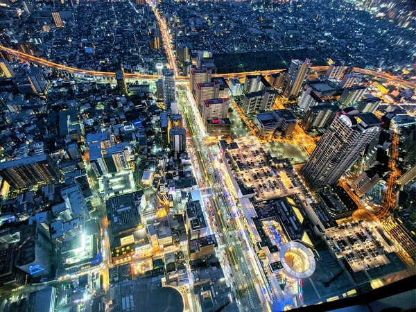 Luftaufnahme Der Beleuchteten Stadt Osaka Mit Belebten Straßen Und Abend — Stockfoto