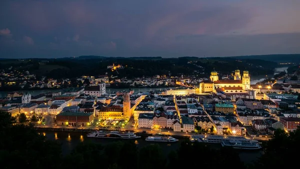 Aerial View Illuminate Buildings Passau Germany Night — Stock Photo, Image