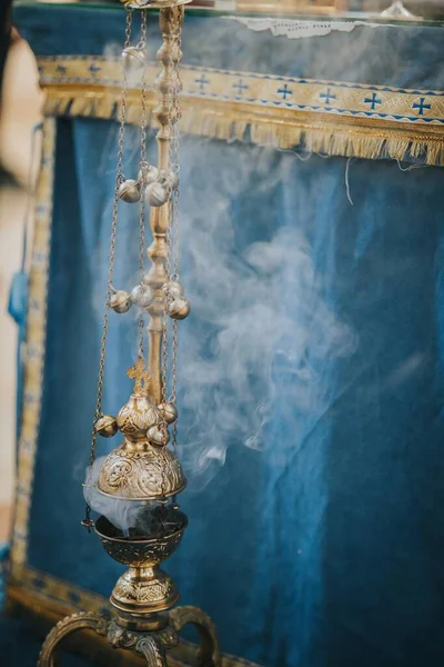 Vertical Shot Thurible Burning Wedding Ceremony Blue Background — Stock Photo, Image