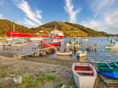 Yunanistan 'ın Skiathos adasında balıkçı tekneleri ve yatları olan güzel bir liman.