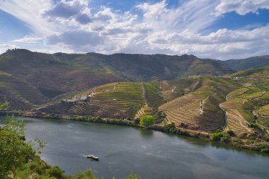 Portekiz, Oporto 'daki dağların yakınındaki Douro Nehri' nin hava manzarası.