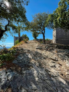 Güneşli mavi gökyüzüne karşı Allegre-les-fumade şatosunun yıkıntılarındaki harabeler ve ağaçların dikey manzarası