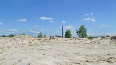 Mavi gökyüzünün altındaki ağaçlarla çevrili bir tatlı içinde güneşli bir kumsal manzarası.