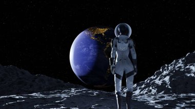Uzay elbisesi giymiş bir kadının Dünya 'yı gören Ay' da yürüyüşünün arka planı.