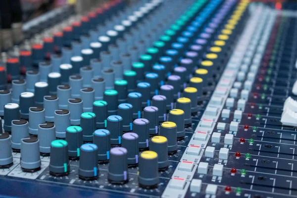 Closeup Mixing Board Xlr Inputs Colorful Buttons — Stock Photo, Image