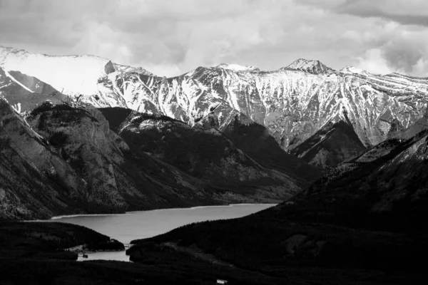 Grayscale Aerial View Snowy Mountains — Stock Photo, Image