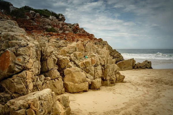 Primer Plano Playa Rocas Parte Superior Cubierta Marrón Con Mar — Foto de Stock
