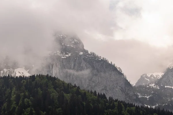 Plan Couper Souffle Magnifiques Sommets Montagne Blancs Couverts Nuages Forêt — Photo