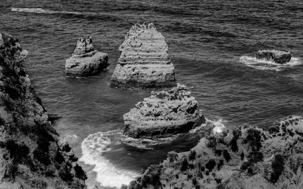 Piękny Widok Skał Środku Oceanu Strzał Skali Szarości — Zdjęcie stockowe