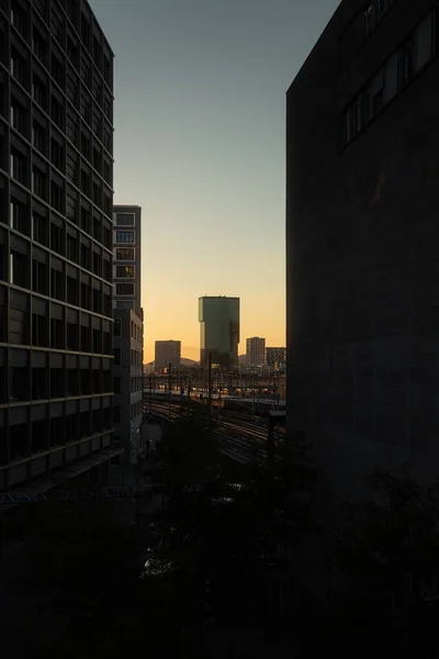 Die Silhouetten Der Skylines Der Stadt Zürich Bei Goldenem Sonnenuntergang — Stockfoto