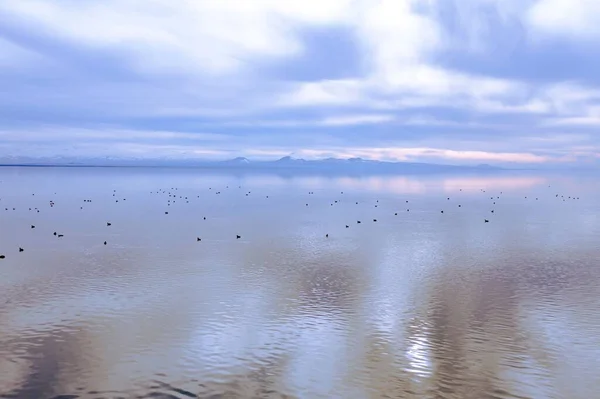 Beautiful View Sevan Lake Fishing Birds Cloudy Sky Armenia — Stock Photo, Image