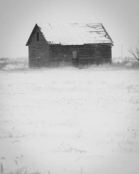 雪地草地上一座旧谷仓的竖直照片 — 图库照片