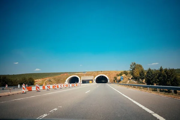 Two Parallel Highway Roads Two Tunnels Blue Sky — Stock Photo, Image