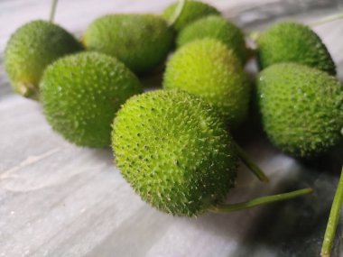 Masada yeşil dikenli kabak meyveleri var.