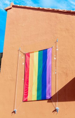 Kahverengi bir duvardaki LGBTQ bayrağının dikey görüntüsü.