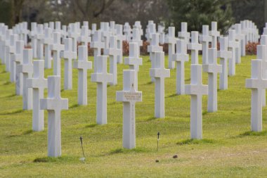 Fransa 'da ölen askerlerin anısına beyaz haçlı Normandiya Amerikan Mezarlığı.