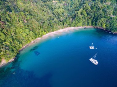 Yatlar Karayipler 'de demirliyor. Arkasında kumsal ve orman var. Bu bölge UNESCO 'nun Kuzeydoğu Tobago Man ve Biyosfer rezervinin bir parçasıdır.
