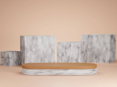 Geometrik formlarla soyut asgari sahne. Sonbahar renklerinde mermer podyum. ürün sunumu, modelle. 3d oluşturma