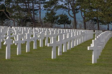 Fransa 'da ölen askerlerin anısına beyaz haçlı Normandiya Amerikan Mezarlığı.
