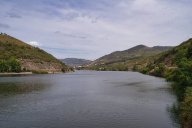 Portekiz, Oporto 'daki dağların yakınındaki Douro Nehri' nin hava manzarası.