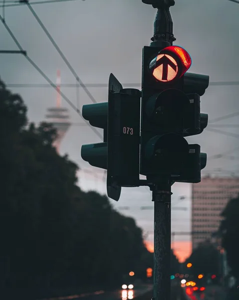 Red traffic light at sunset