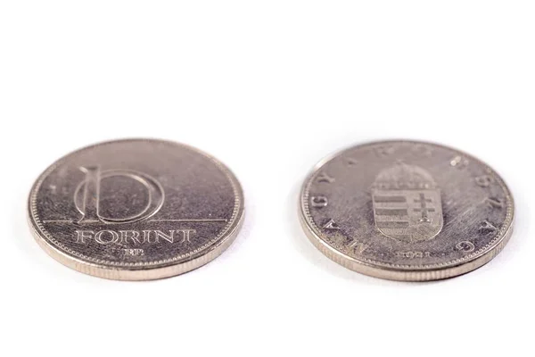 Dwie Węgierskie Monety Forint Odizolowane Białym Tle — Zdjęcie stockowe