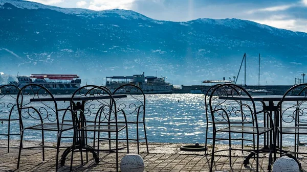 Beautiful Shot Metal Table Chairs Port Ships Ohrid Macedonia — Stock Photo, Image