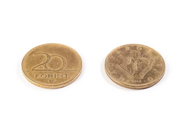 这两枚匈牙利20福林硬币在白色背景上被分离出来 — 图库照片