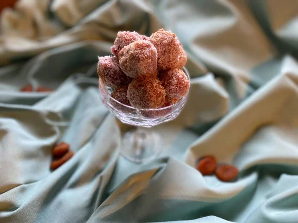 Closeup Delicious Rose Energy Balls Glass Dish Scrunched Gray Sheet — Stock Photo, Image