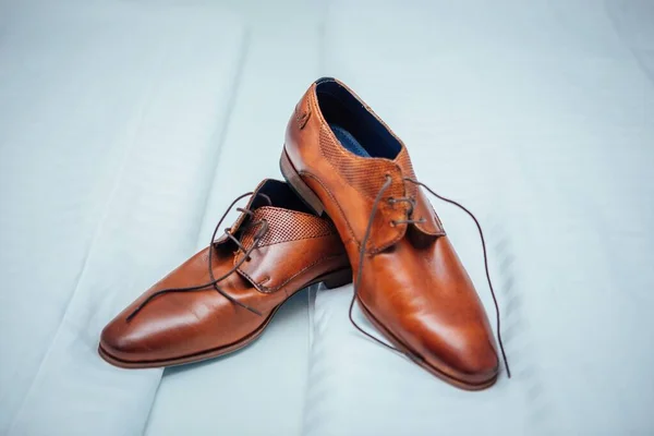 Close Sapatos Masculinos Couro Clássicos Tecido — Fotografia de Stock