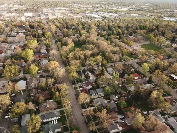 An aerial view of a residential area during autumn