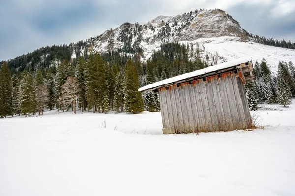 Een Gletsjermeer Vilsalpsee Een Hut Achtergrond Van Alpen Bedekt Met — Stockfoto