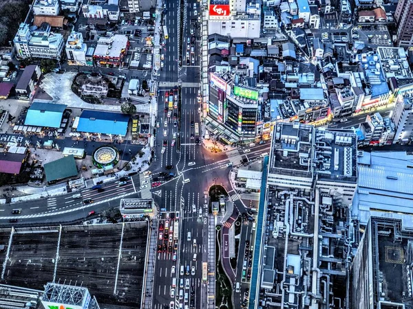 Eine Luftaufnahme Der Stadt Osaka Mit Belebten Straßen Abend Japan — Stockfoto