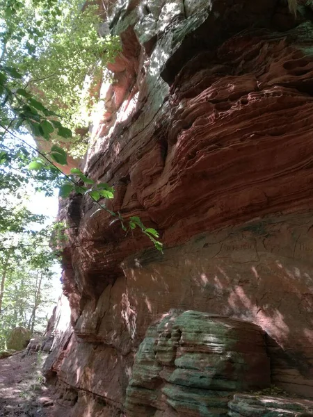 Primer Plano Vertical Rocas Rojas Naturaleza Rodeadas Árboles — Foto de Stock