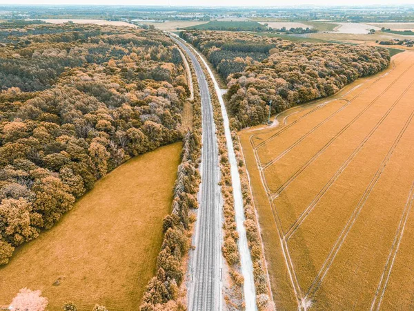 Uma Vista Aérea Ferrovia Cercada Por Campos Árvores Densas — Fotografia de Stock