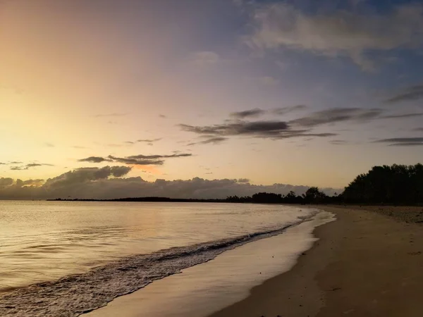 Uma Vista Panorâmica Mar Com Árvores Litorâneas Pôr Sol — Fotografia de Stock