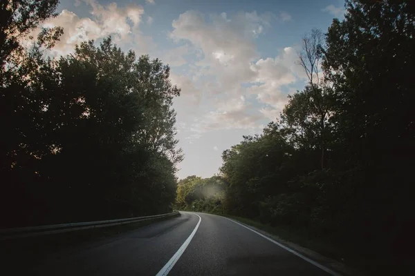 Vue Une Route Rurale Vide Entourée Végétation Verte Coucher Soleil — Photo