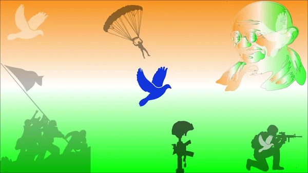 Hindistan Bağımsızlık Günü Kavramı Mahatma Gandhi Askerleri Güvercinleri Barışın Sembolü — Stok fotoğraf