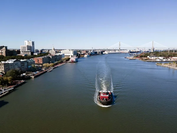 Luftaufnahme Eines Bootes Auf Dem Savannah River Georgia Einem Sonnigen — Stockfoto