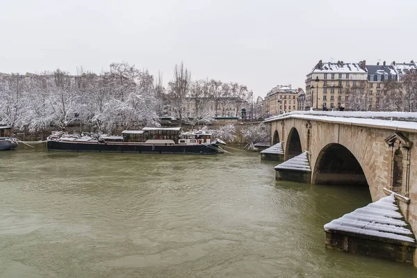 Париж Снегом Наводнениями Затопленные Набережные Деревья Водой Сена Зимой — стоковое фото